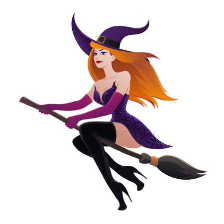 Redhead sexy witch on a broomstick cut out on white background. Vector poster illustration.のイラスト素材