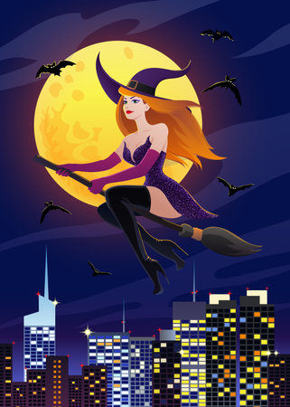 Halloween night background with Moon and redhead sexy witch on a broomstick above the city. Vector poster illustration.のイラスト素材