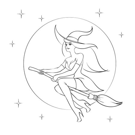 Halloween coloring book or page. Witch on a broomstick cut out on white background.のイラスト素材