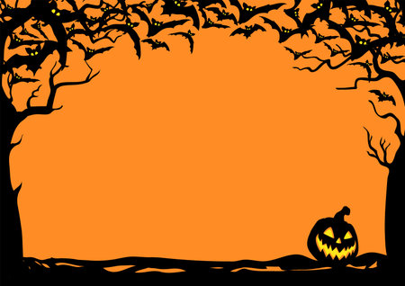 Halloween night background with bats and Jack O' Lanterns. Vector poster illustration with place for your text.のイラスト素材