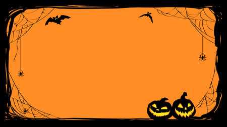 Halloween night background with bats and Jack O' Lanterns. Vector poster illustration with place for your text.のイラスト素材
