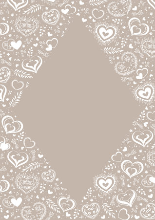 Vertical vector rhombus frame. Leaves, butterflies, and decorative hearts in white on a light brown background.のイラスト素材