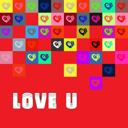 Vector creative card with text - love u. Multicolored squares with the inscription love in the shape of a heart. Creative designのイラスト素材
