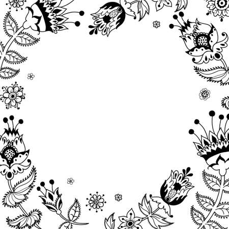 Floral frame and page decoration. Black leaves cut out on the white background. Vector of a decorative element, border, and frame.のイラスト素材