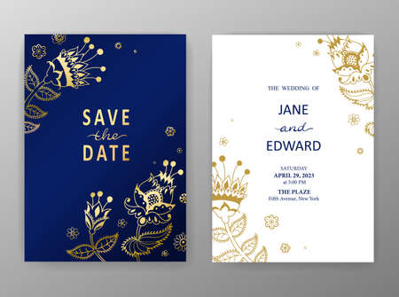Floral set of vector card with golden decorative flowers, wedding invitation. Can be used for - save the date, Mother day, Valentine day, birthday cards.のイラスト素材
