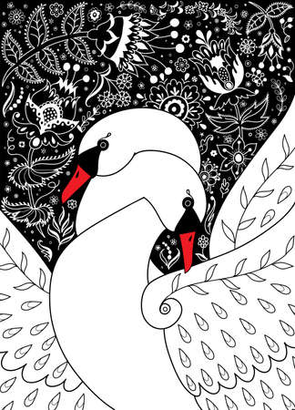 Poster with two white swans intertwined with their necks on a decorative floral background of fantasy flowers and leaves. Can be used as a cardのイラスト素材