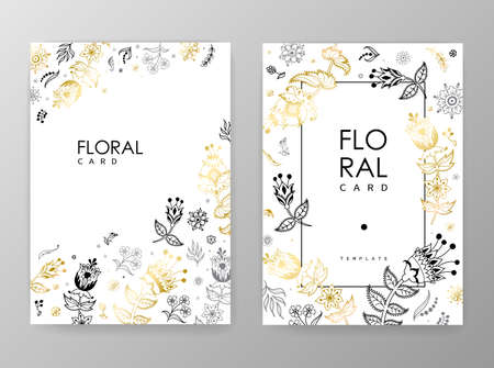 Gold color invitation with floral branches. Autumn cards templates for save the date, wedding invites, greeting cardsのイラスト素材