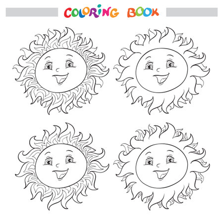 Coloring book or page with a collection of four smiling suns with different crowns or rays.のイラスト素材
