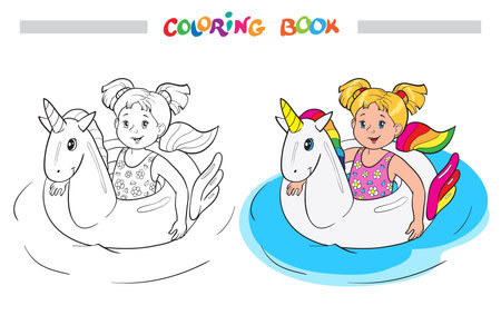 Coloring book or page. Happy little girl swim on unicorn rubber ring in the waterのイラスト素材