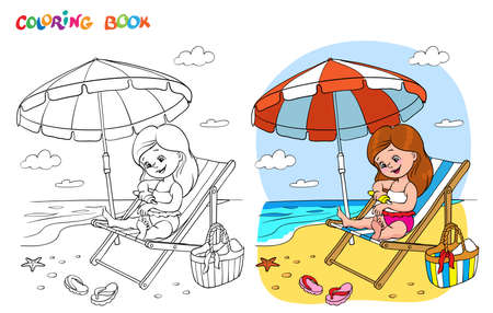 Coloring book or page. A girl in a swimsuit sits on a lounger under a beach umbrella and smears herself with sunscreenのイラスト素材