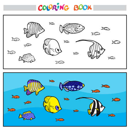 Coloring book or page. Underwater life. Large and small colorful fish swim against the background of corals.のイラスト素材