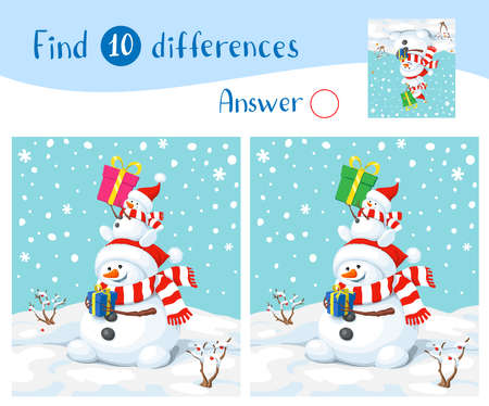 Snowman with a bird. Illustration with two snowmen and snowfall. Find 10 differences. Educational game for children.のイラスト素材