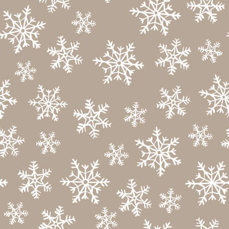 Vector seamless pattern with hand-drawn white snowflakes on a light brown backgroundのイラスト素材