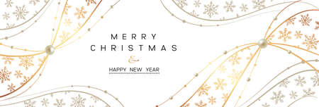 Christmas Poster on white. Vector illustration of Christmas Background with golden snowflakes and a garland with pearlsのイラスト素材