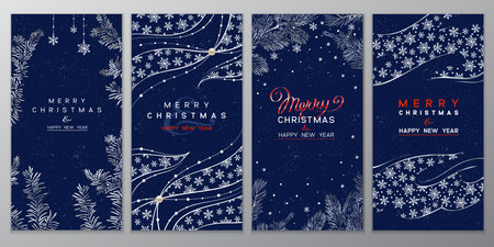 Christmas Poster set. Vector of Christmas cards with branches of Christmas tree on deep blue background.のイラスト素材