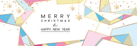 Christmas Poster on white. Vector illustration of Christmas Background with golden snowflakes and multicolored geometric ornamentのイラスト素材