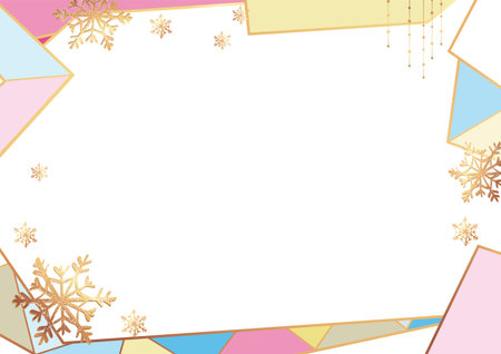Christmas Poster on white. Vector illustration of Christmas frame with golden snowflakes and multicolored geometric ornamentのイラスト素材