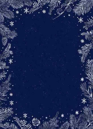 Christmas Poster. Vector of Christmas frame with silver branches of Christmas tree on deep blue background.のイラスト素材