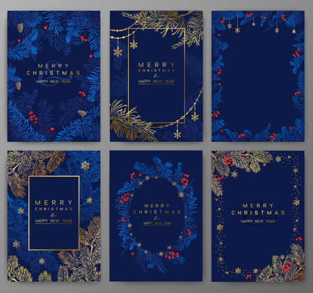 Christmas deep blue Poster set. Vector of Christmas cards with golden branches of Christmas tree and snowflakes.のイラスト素材
