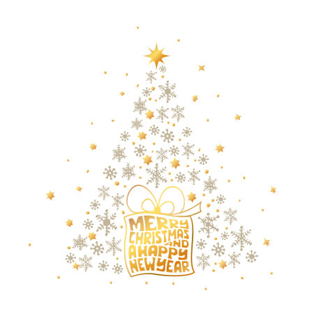 Christmas Poster with lettering in the box. Vector illustration of Christmas Background with snowflakes and golden stars of Christmas tree.のイラスト素材