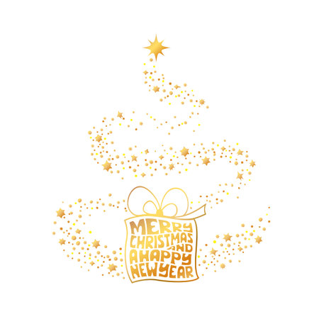 Christmas Poster with lettering in the box. Vector illustration of Christmas Background with snowflakes and golden stars of Christmas tree.のイラスト素材