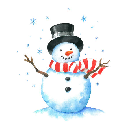 Vector watercolor illustration of a snowman cutout on a white background.のイラスト素材