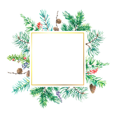 Christmas fir wreath with red berries. Spruce new year frame. Decorative element. Vector illustration in watercolor style.のイラスト素材
