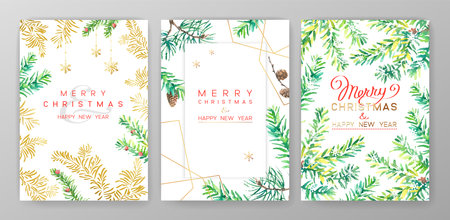 Christmas poster set. Vector illustration of Christmas Background with branches of christmas tree in watercolor style.のイラスト素材