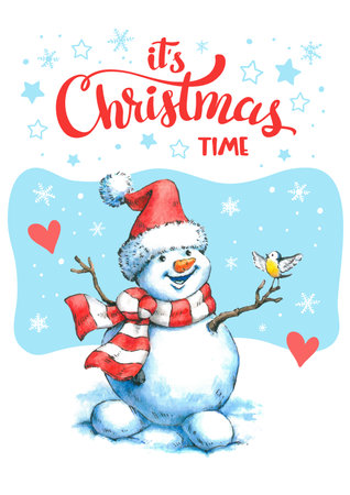 Christmas greeting card with watercolor snowman and snowflakes. new year illustration.のイラスト素材