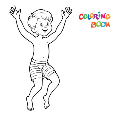 Black and white coloring book or illustration. Joyful boy is jumping. vector illustration.のイラスト素材