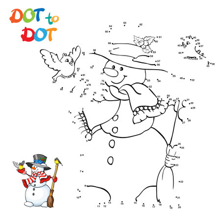 Connect The Dots and Draw Cute Cartoon snowman. Educational Game for Kids. vector illustration.のイラスト素材