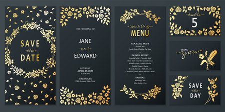 Vector vertical wedding invitation cards set with black and gold leaves and flowers on dark background. Luxury botanical design for wedding ceremony. Can be used for cosmetics, spa, beauty salonのイラスト素材
