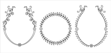 Hand drawn round floral frames. Sketch flower, leaves and branches decoration wreath. Set vector botanical design.のイラスト素材