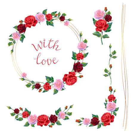 Set of Save the Date wedding invitation frame of red roses flowers with golden geometric frames. Vector floral ornate design for marriage of red blooming flowers for wedding save date or engagementのイラスト素材