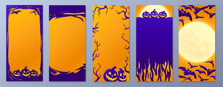 Happy Halloween stories template for phone. Business card with halloween story. Social media pack vector. Stories invitation template. Orange and violet colors.のイラスト素材