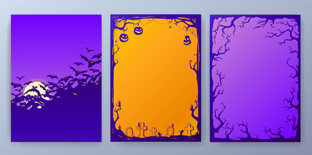 Happy Halloween poster background. Business card with halloween story, pumpkins, bats and moon. Vector Invitation template. orange and violet colors.のイラスト素材