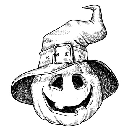 Hand drawn set of pumpkins for Halloween in pointed caps. Vector illustration in sketch style. simple monochrome image. hand drawn ink illustrationのイラスト素材