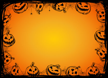 Halloween frame. Vector illustration of Halloween Background with Jack O'Lanterns and web.のイラスト素材