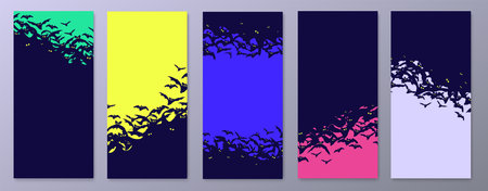 Happy Halloween stories template for phone photo. Dark silhouette a flock of flying bats on orange, blue and pink background. Social media pack vector. stories template.のイラスト素材