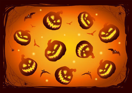 A Halloween pumpkins Jack O Lantern pattern with bats, spiders and cobweb, background design illustrationのイラスト素材