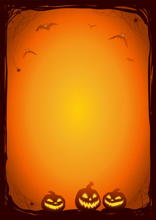 Halloween night background with bats and Jack O' Lanterns. Vector poster illustration with place for your text.のイラスト素材