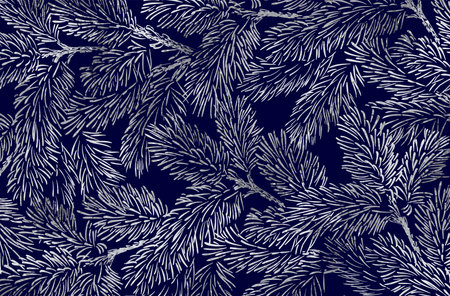 Winter background with silver pine branches on dark blue background. new year illustration. Winter card design.のイラスト素材