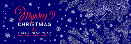Winter holidays banner or Christmas background with branches and snowflakes. Banner or flyer with branches of christmas tree. happy new year greetings.のイラスト素材