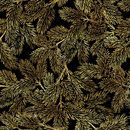 Winter Seamless pattern with golden pine branches on black background. new year background. Winter card design.のイラスト素材