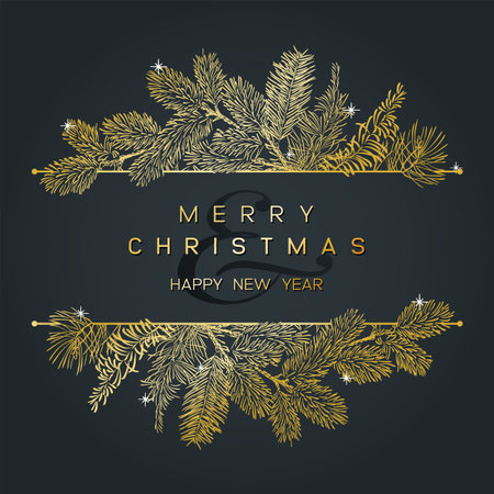 Christmas Poster - Illustration. Vector card of Christmas Background with golden branches of christmas tree.のイラスト素材