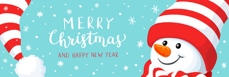 Winter holidays or Christmas background with snowman and snowflakes. new year illustration. Winter banner design.のイラスト素材