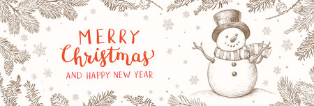 Winter holidays or Christmas background with snowman and snowflakes. new year illustration. Winter banner design.のイラスト素材