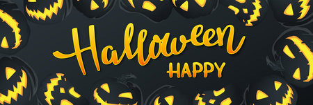 Happy Halloween poster background. Frame with black pumpkins on black gradient background.のイラスト素材