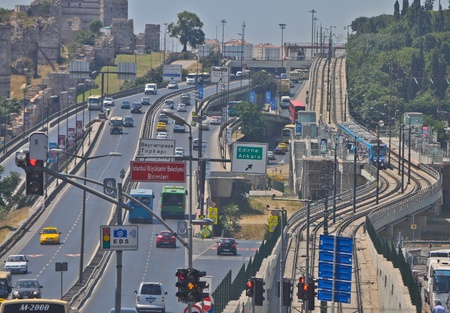Istanbul transport node with cars, trams and trainsのeditorial素材