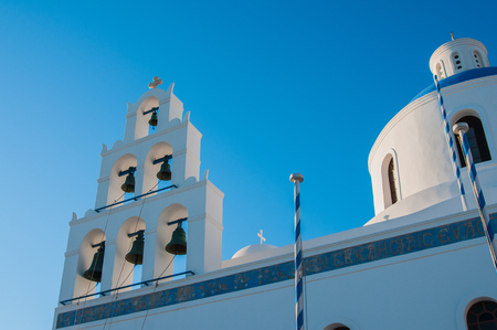 Traditional greek white church on Santoriniの写真素材